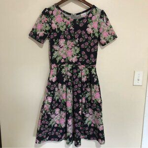 LulaRoe Black floral midi scoopneck a line with pockets dress. Size small.